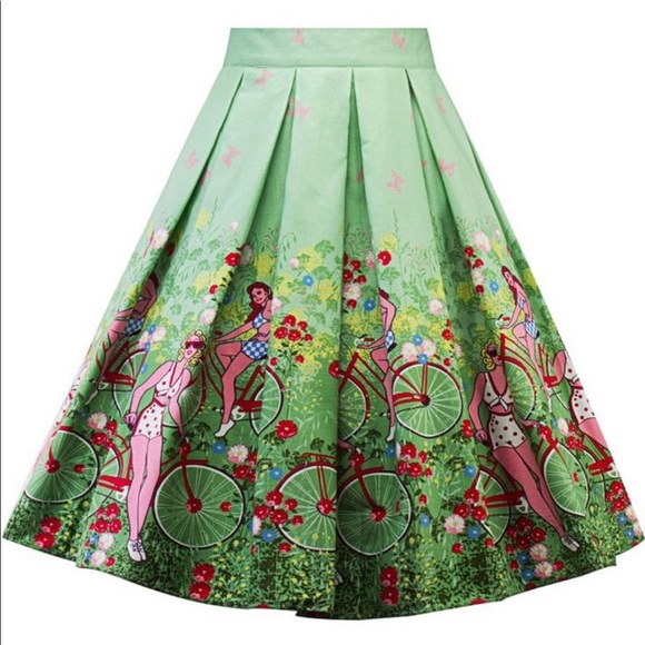 Women's Retro Style Midi Skirt - Girl on Bicycle Print - Picture 2 of 4